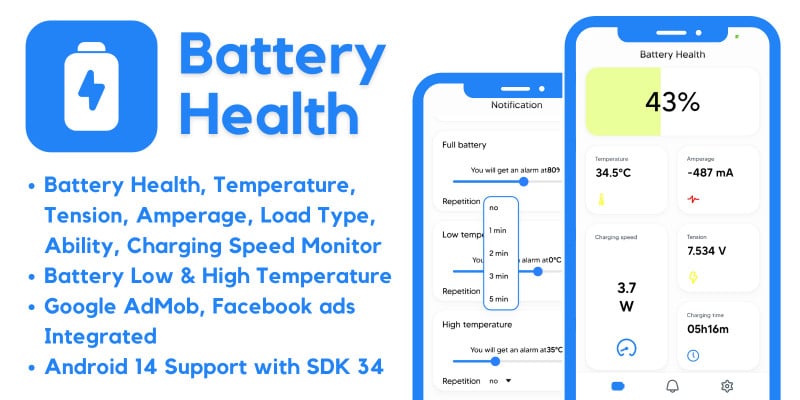 Battery Health Alarms Tools with AdMob Ads Android by MJAppsStudio icon