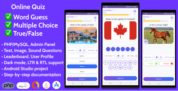 Online Quiz | Multiple Choice + True/False + Word, Sound, Image Guess for Android with Admin Panel icon