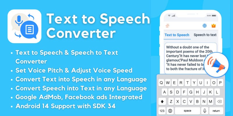 Text to Speech Converter with AdMob Ads Android by MJAppsStudio icon