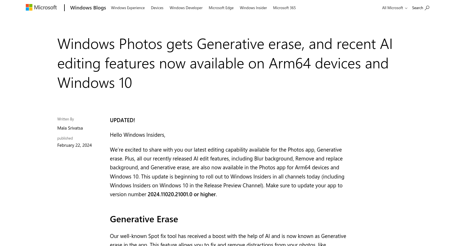 Windows Photos gets Generative erase, and recent AI editing features now available on Arm64 devices and Windows 10 icon