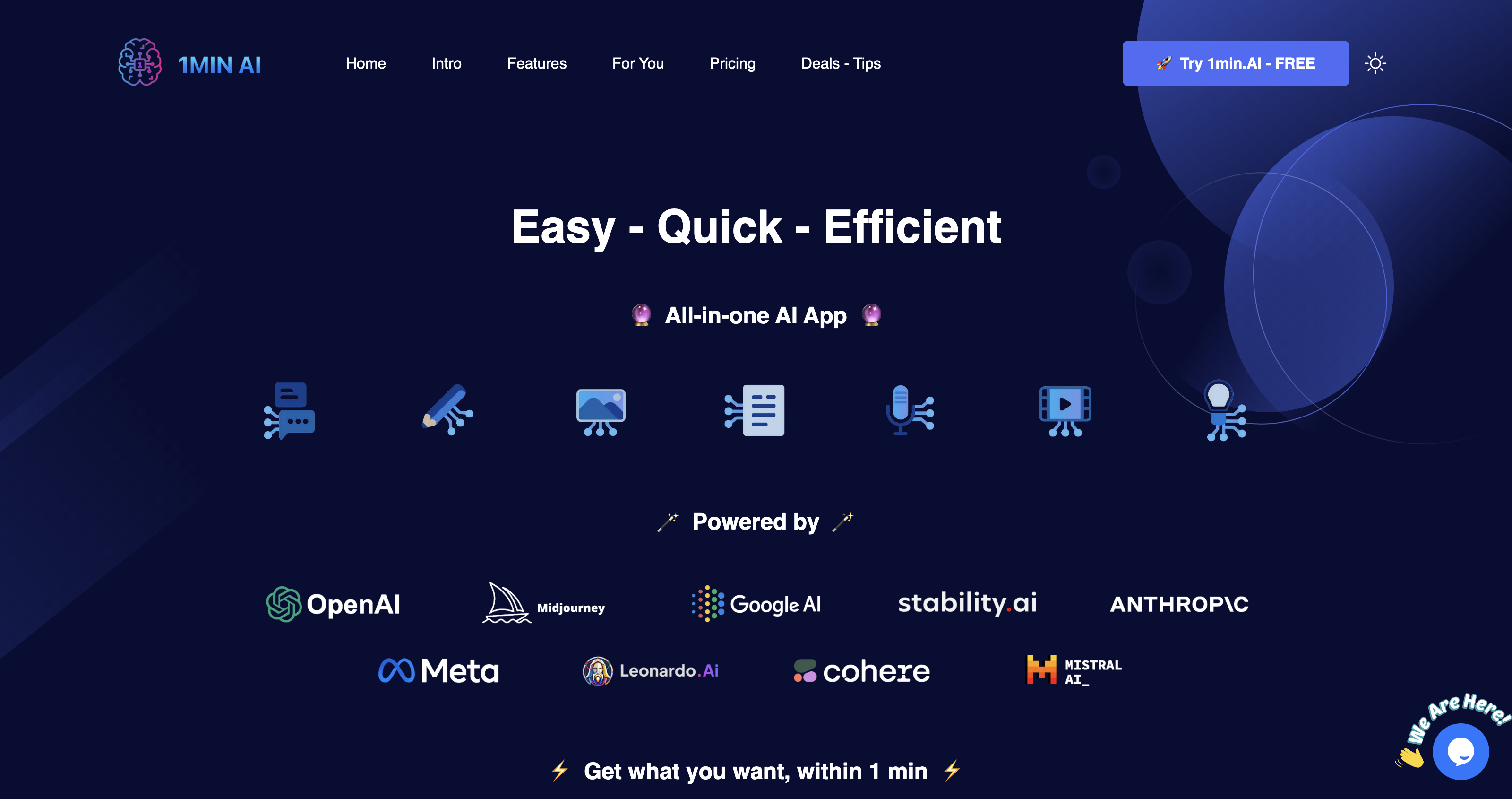 1minAI | Free All-in-one AI App for Text, Image, Audio, Video - Ai Tools for Content generation