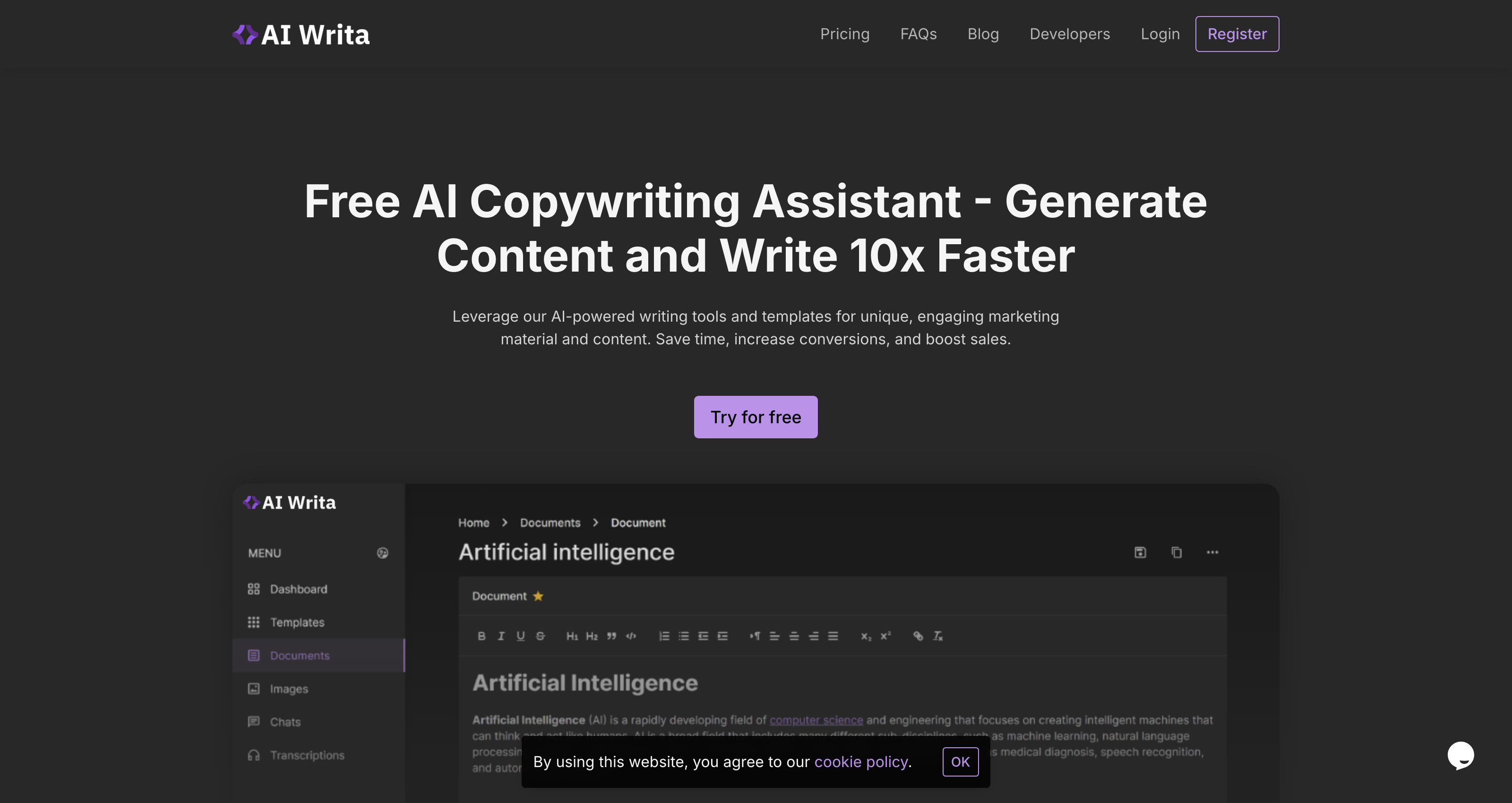 AI Writa - Free AI Copywriting Assistant | Generate Content and Write 10x Faster
