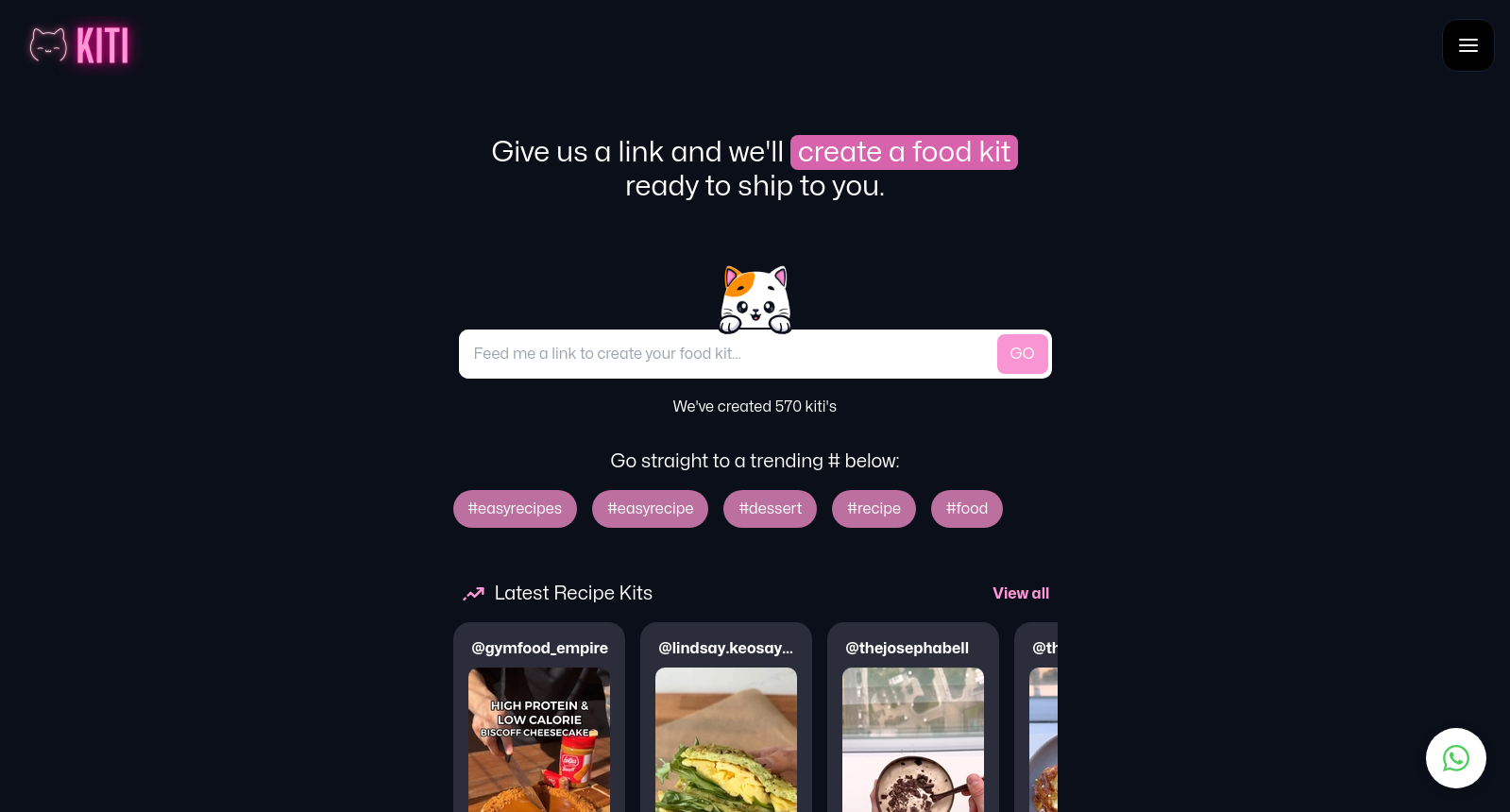 KITI.AI 🐱 Recipe Food Kits Powered by AI - Feed Us A Link And We’ll Build You A Food Kit. Order 1,000’s of Food Kits from Trending Recipes