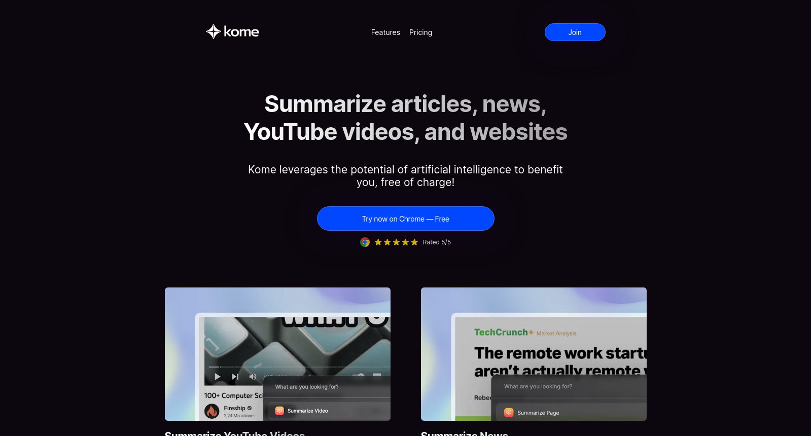 Summarize Articles, YouTube Videos, and Websites with Kome