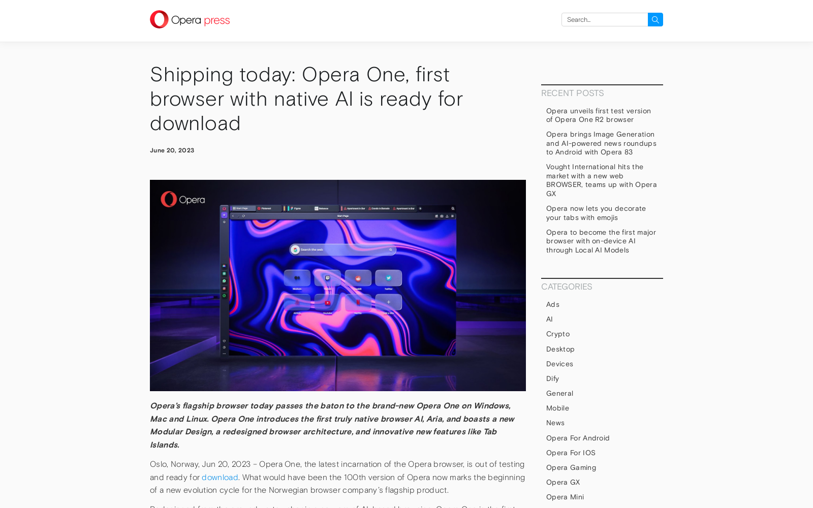 Shipping today: Opera One, first browser with native AI is ready for download icon