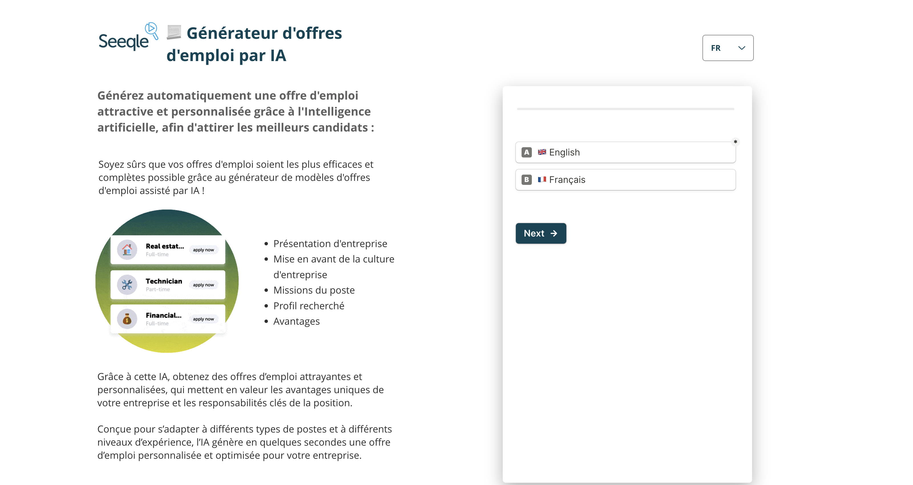 Générateur de modèles d'offres d'emploi par IA | Seeqle icon