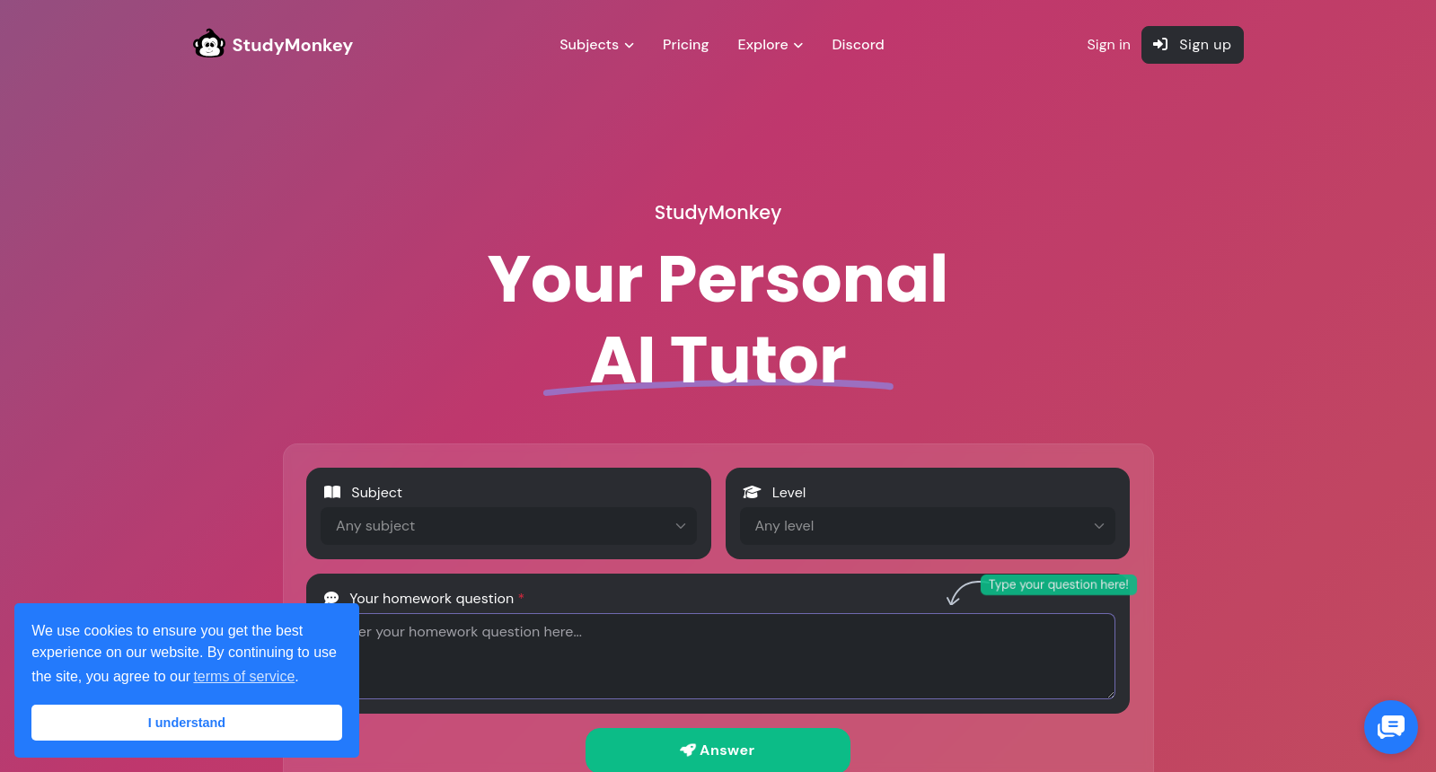 Free AI Homework Helper - Step-by-step AI Tutoring - StudyMonkey.ai